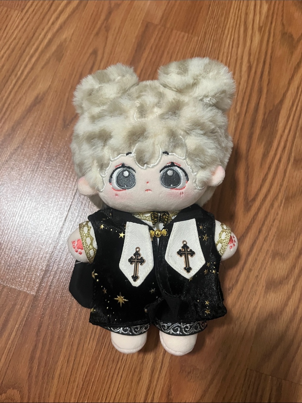 Plush Doll with Fluffy Blonde Hair and Black Starry Outfit